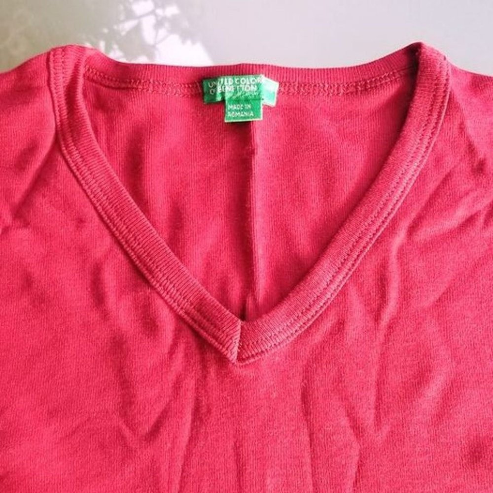 Benetton Henley Shirt Burgundy Size S Cotton Long Sleeve